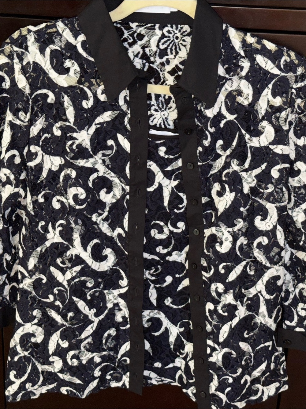 Anne Fontaine Bold Navy & White Lace Pattern Tank and Blouse Set